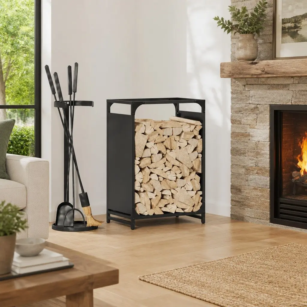Firewood Rack Black Steel Frame Indoor Outdoor Log Storage Holder 44 x 28 x 65 cm