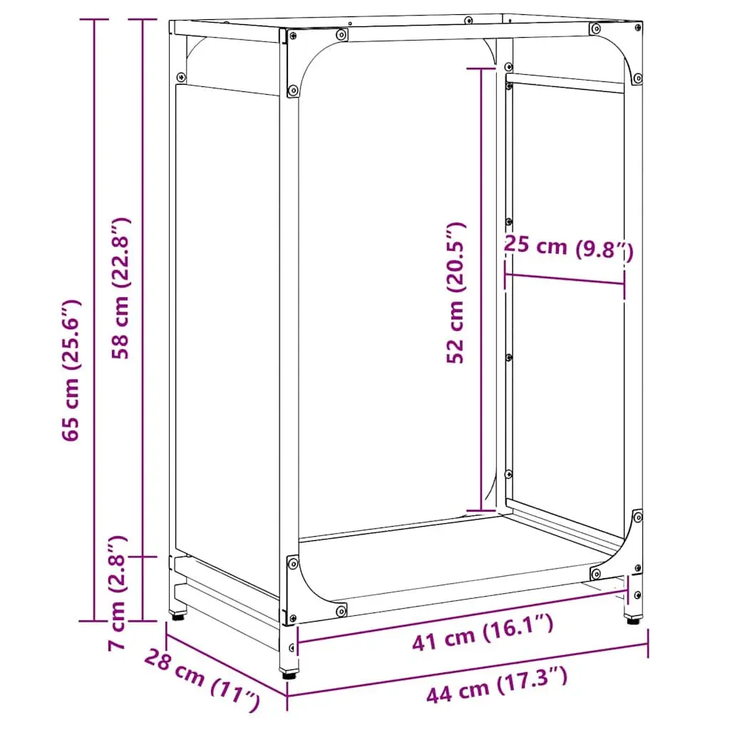 Firewood Rack Black Steel Frame Indoor Outdoor Log Storage Holder 44 x 28 x 65 cm