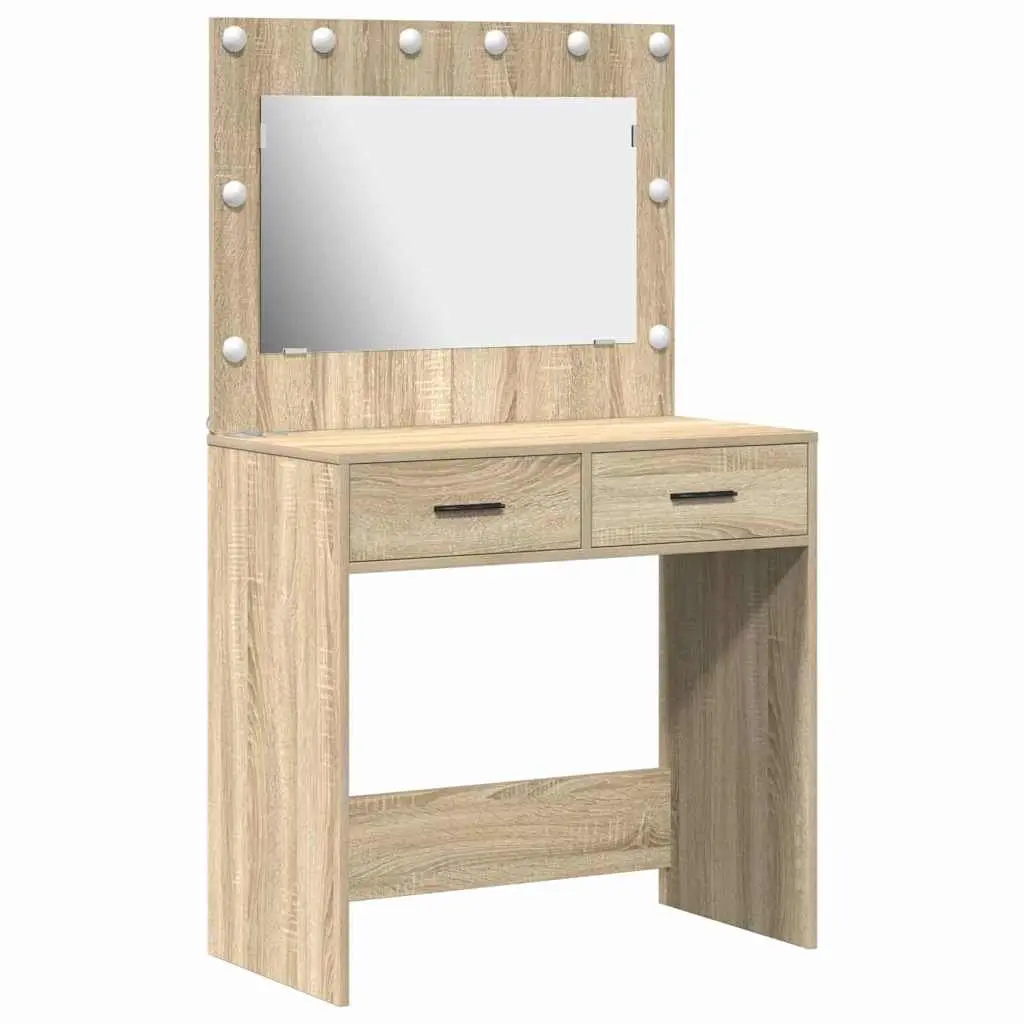 Dressing Table Brown Engineered Wood Bedroom Vanity Mirror LED Lights Storage