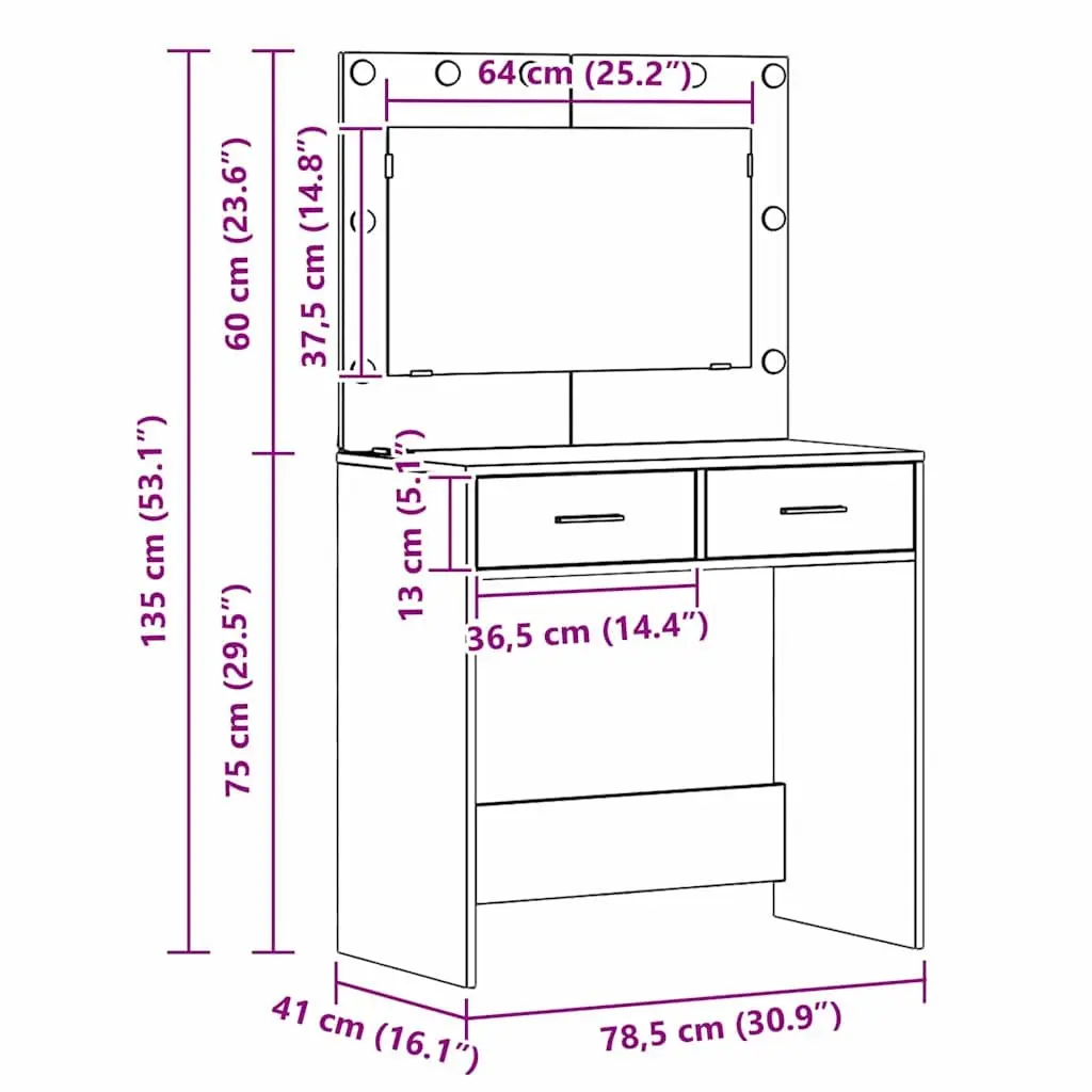 Dressing Table Brown Engineered Wood Bedroom Vanity Mirror LED Lights Storage