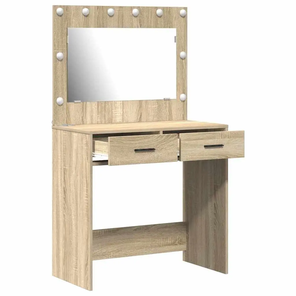 Dressing Table Brown Engineered Wood Bedroom Vanity Mirror LED Lights Storage