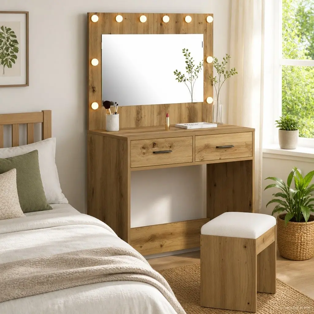 Dressing Table Modern Brown Engineered Wood with LED Lights and Storage Drawers 78.5 x 41 x 135 cm