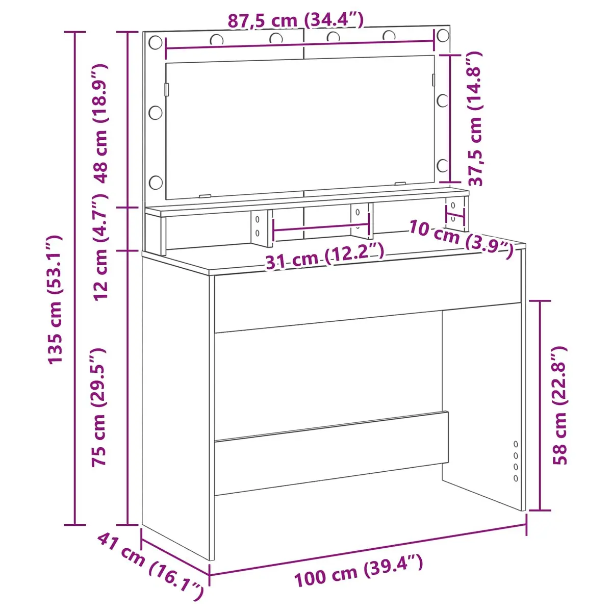Dressing Table with LED Mirror and Storage Options