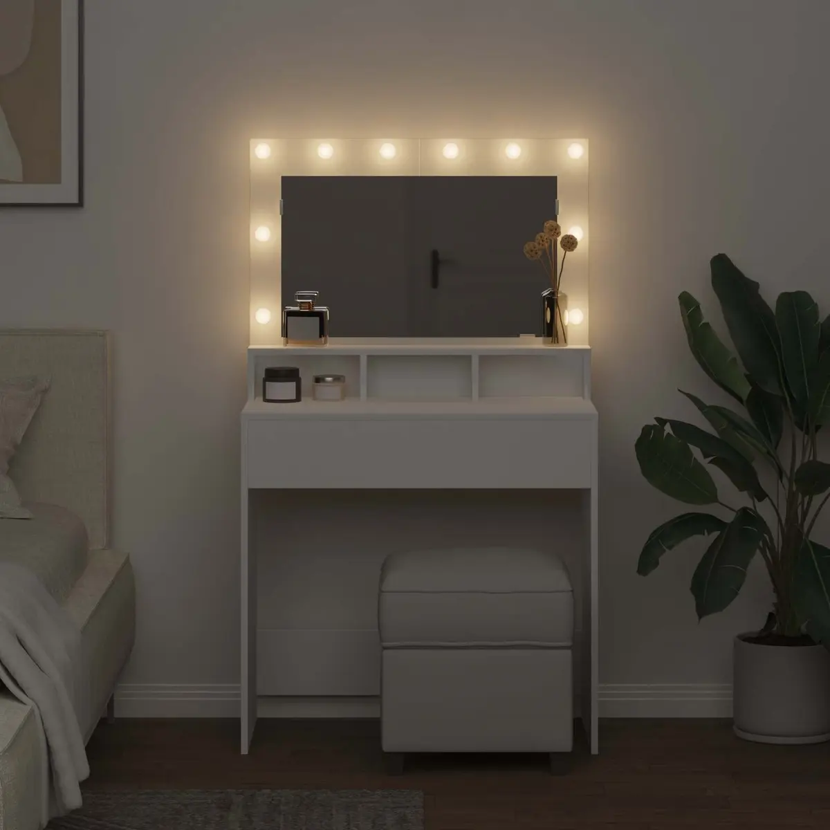 Dressing Table White Integrated Mirror with LED Lights 78.5 x 41 x 135 cm