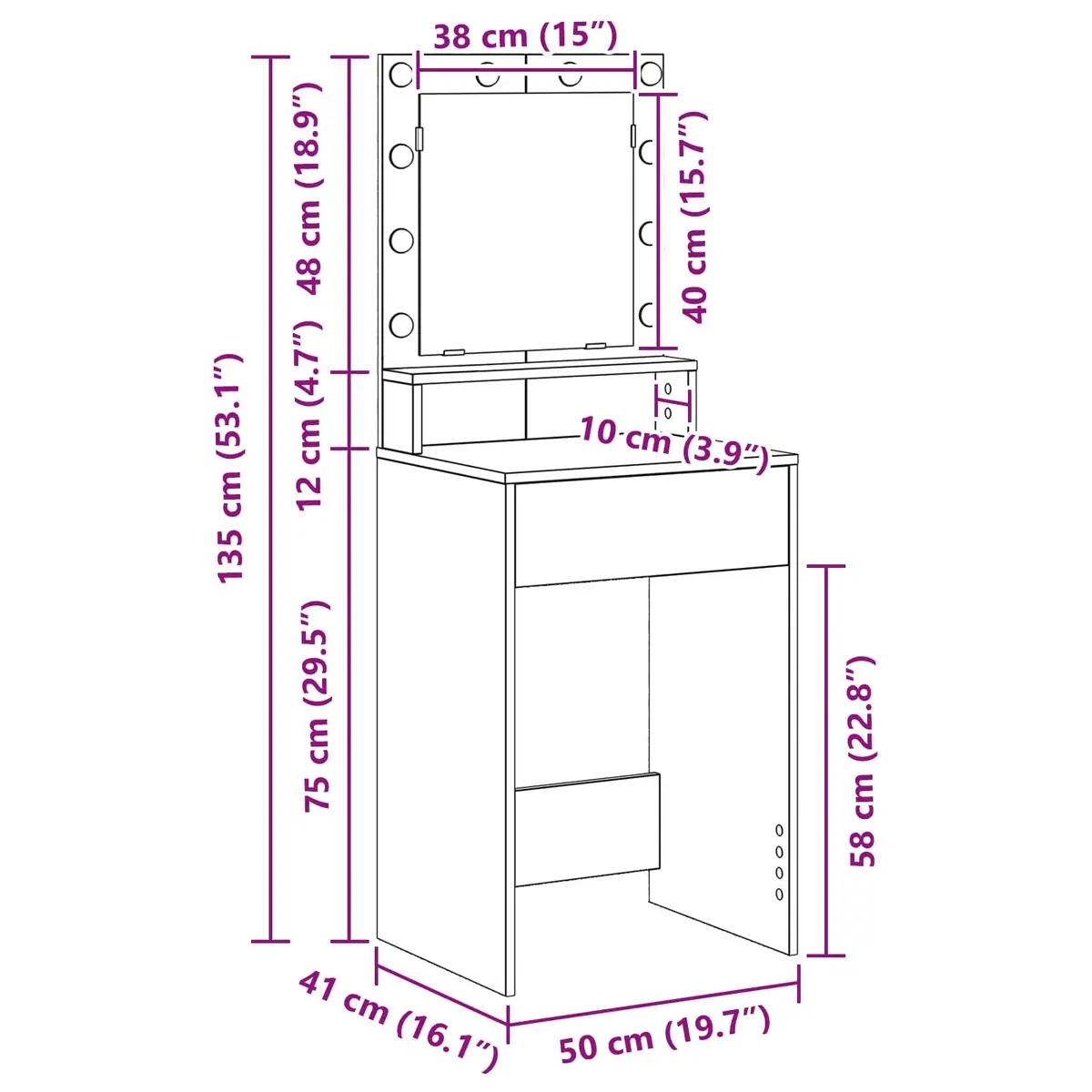 Dressing Table White Modern Vanity with Integrated Mirror and LED Lights Engineered Wood 50x41x135 cm