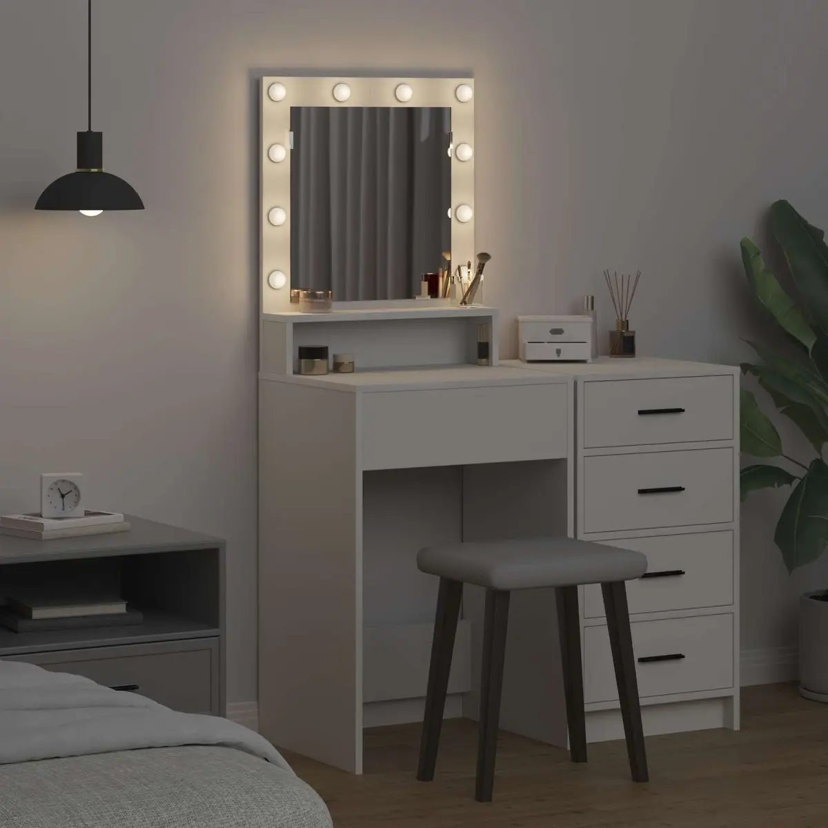 Dressing Table White Modern Vanity with Integrated Mirror and LED Lights Engineered Wood 50x41x135 cm
