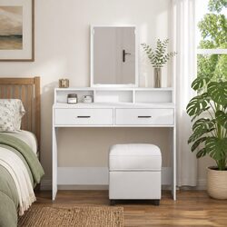 Friendly White Dressing Table with Mirror and Drawers