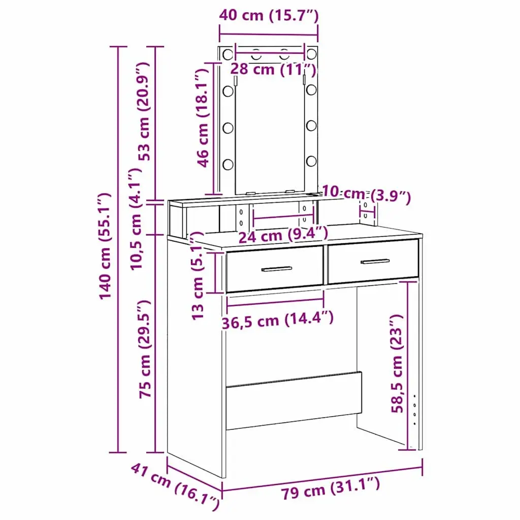 Dressing Table White Modern Vanity Unit with LED Mirror and Drawers 79 x 41 x 140 cm