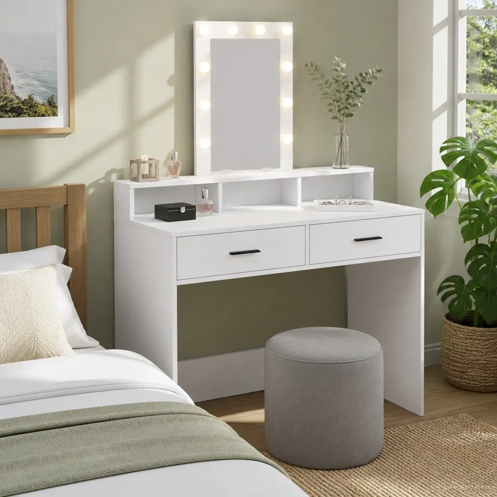 Dressing Table Modern White with LED Mirror Lights and Drawers 100 x 41 x 140 cm