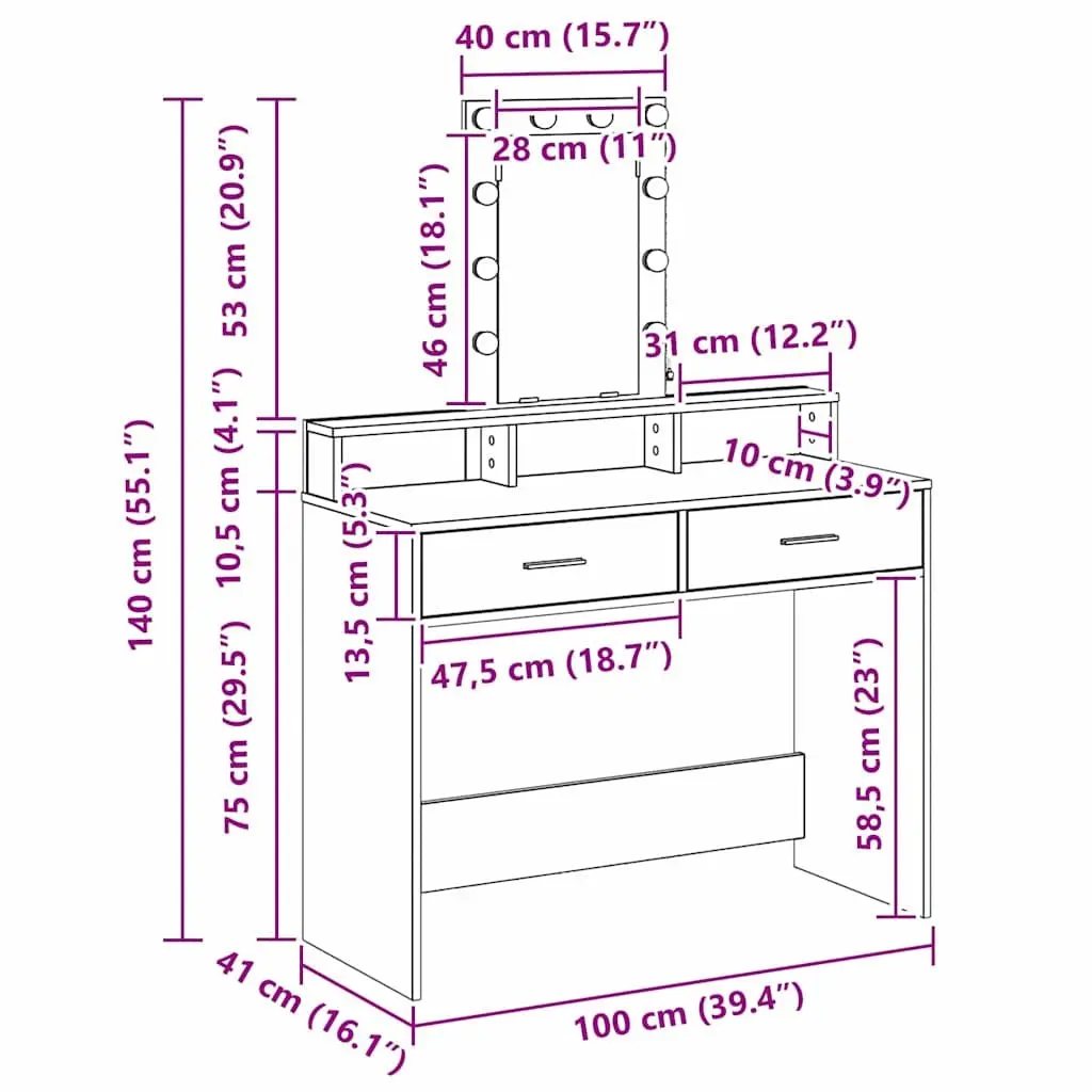 Dressing Table Modern White with LED Mirror Lights and Drawers 100 x 41 x 140 cm
