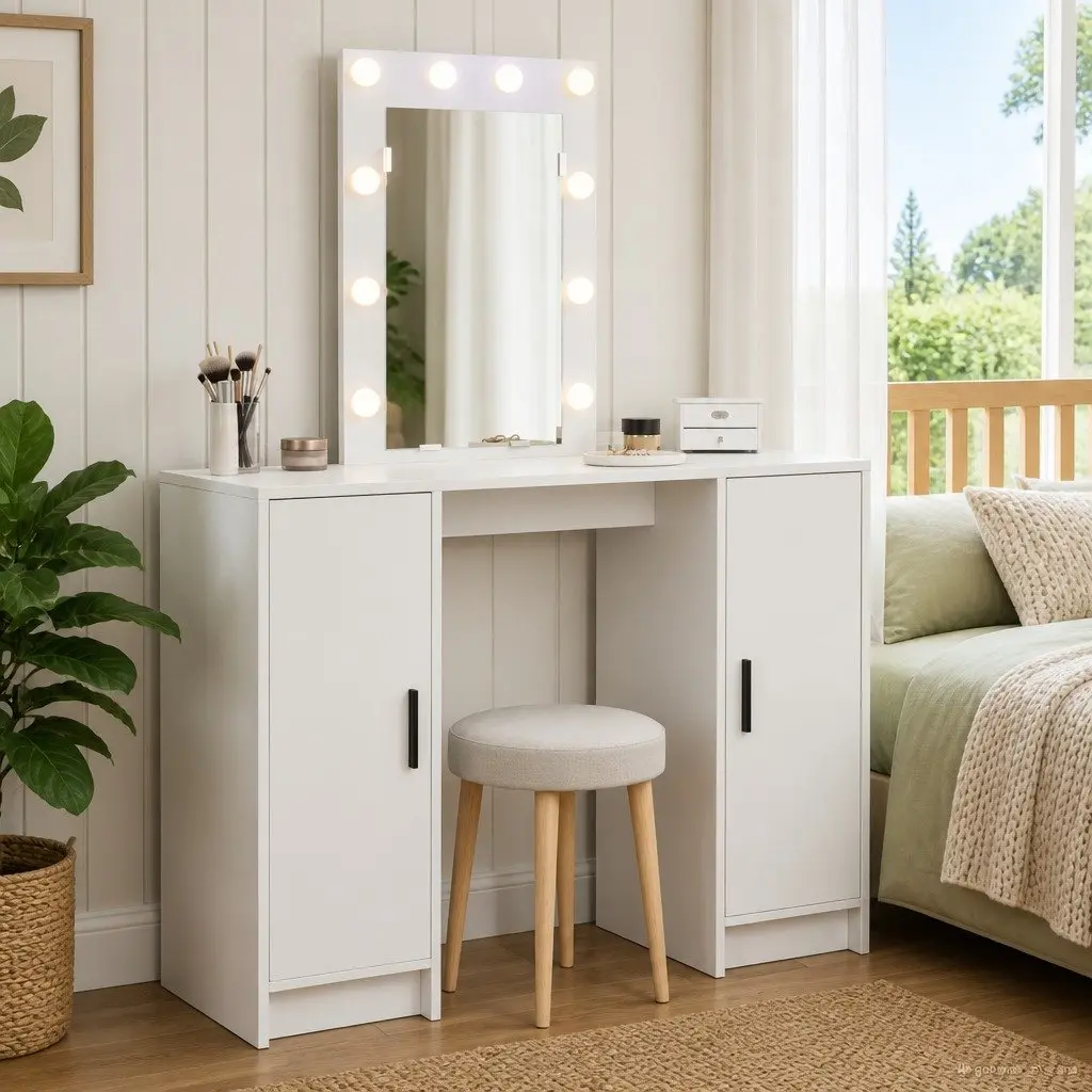 Dressing Table White Modern 102cm with Mirror Drawers Storage USB Powered LED Lights