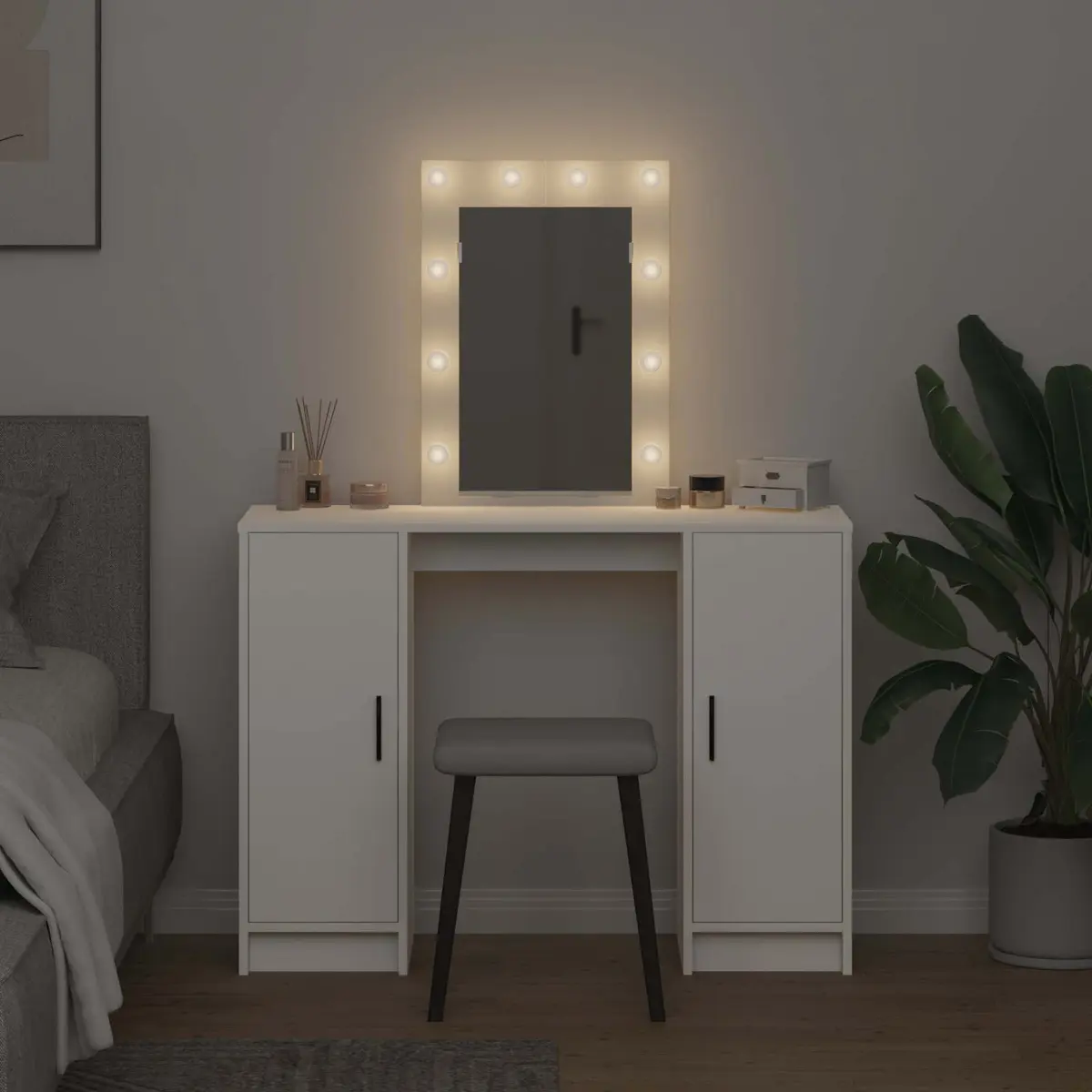 Dressing Table White Modern 102cm with Mirror Drawers Storage USB Powered LED Lights