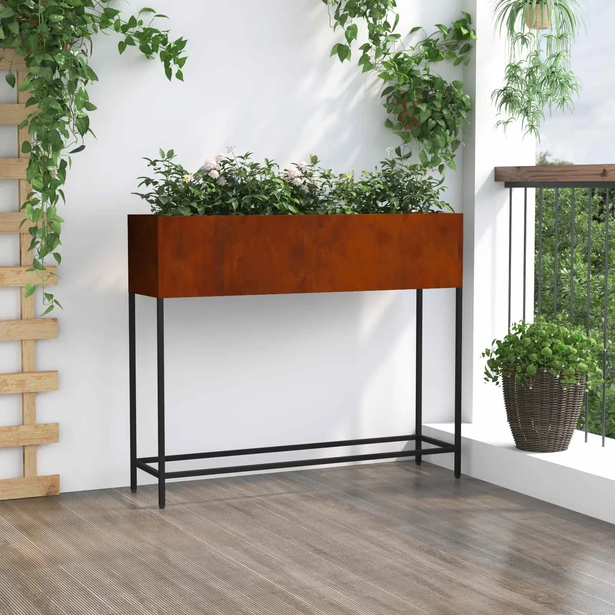 Raised Garden Planter Rectangular Outdoor Metal Weathering Steel 100x26x82cm