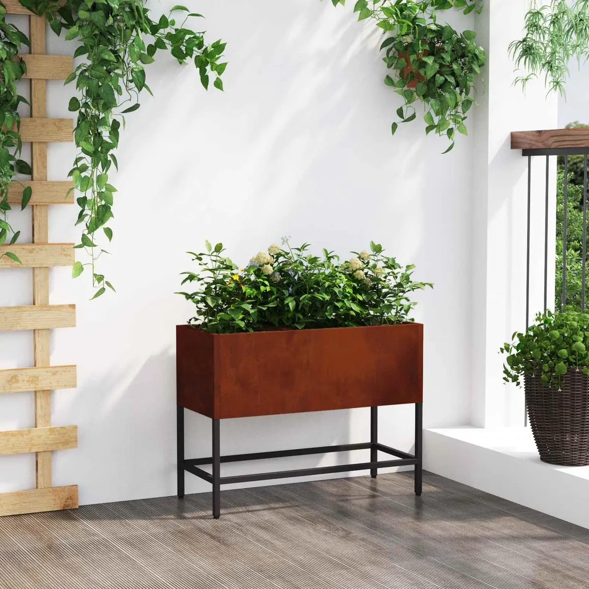 Outdoor Raised Garden Planter Rectangular Weathering Steel Burnt Orange 60x26x45cm