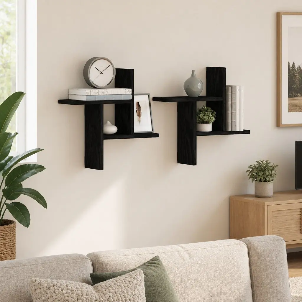 Black Floating Wall Shelves 2 Piece Engineered Wood Storage Display 38x12x38cm