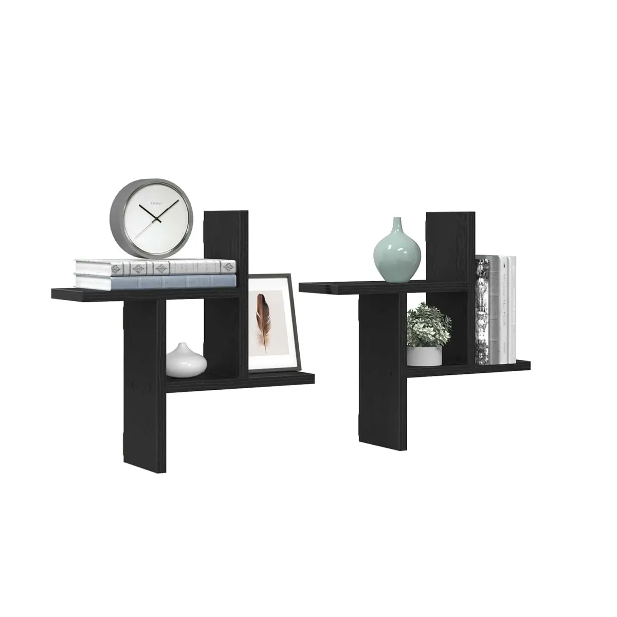 Black Floating Wall Shelves 2 Piece Engineered Wood Storage Display 38x12x38cm