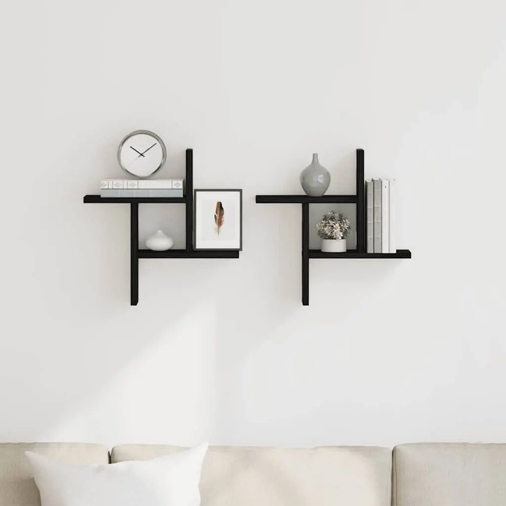 Black Floating Wall Shelves 2 Piece Engineered Wood Storage Display 38x12x38cm