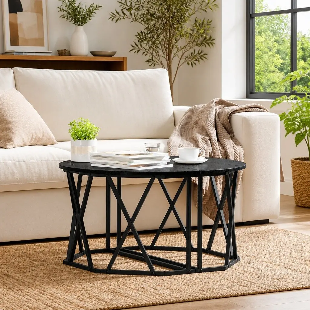 Round Coffee Table Black 80x80x42cm Living Room Accent Furniture Modern Design