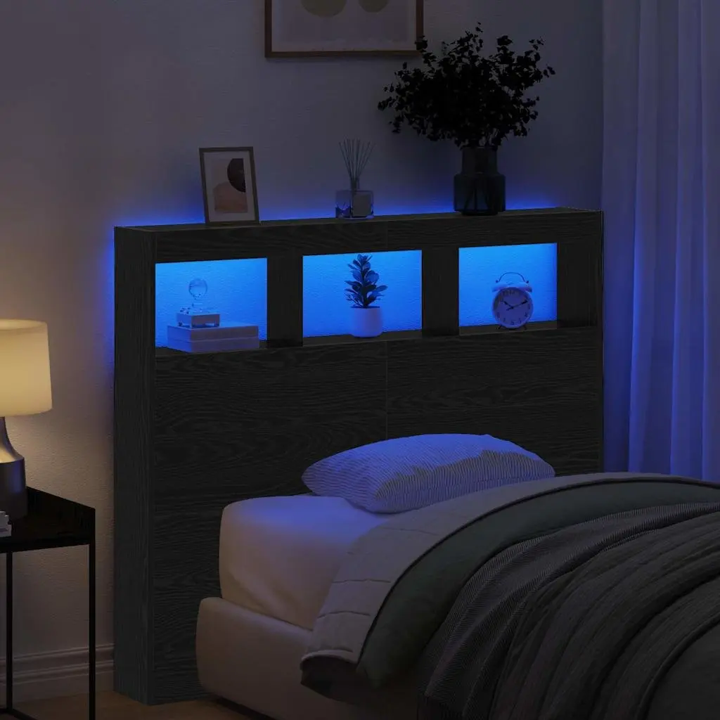 Headboard Black Oak Engineered Wood USB LED Light Contemporary 120cm Bedroom
