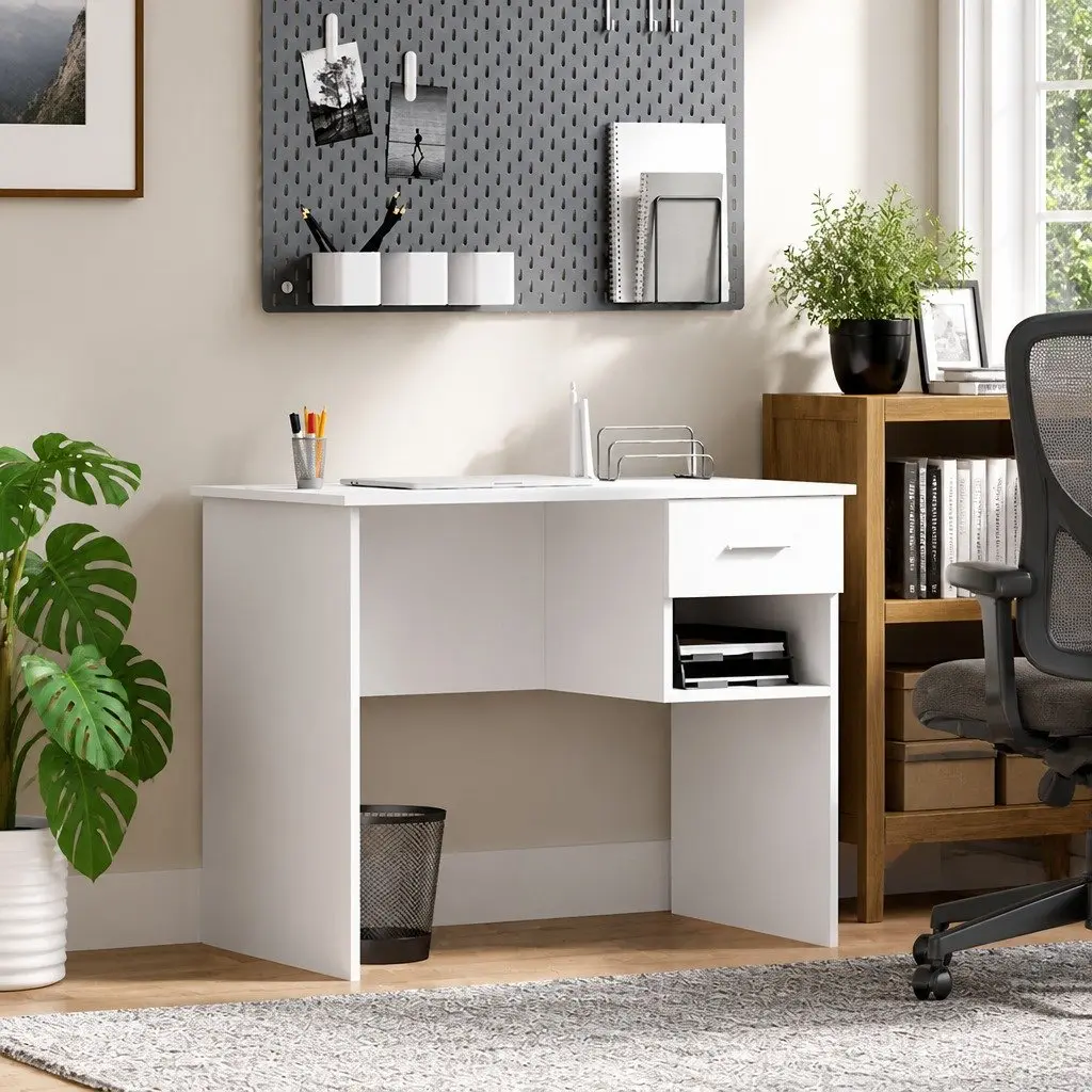 Writing Desk White Engineered Wood Spacious Surface with Drawer 90 x 49 x 75 cm