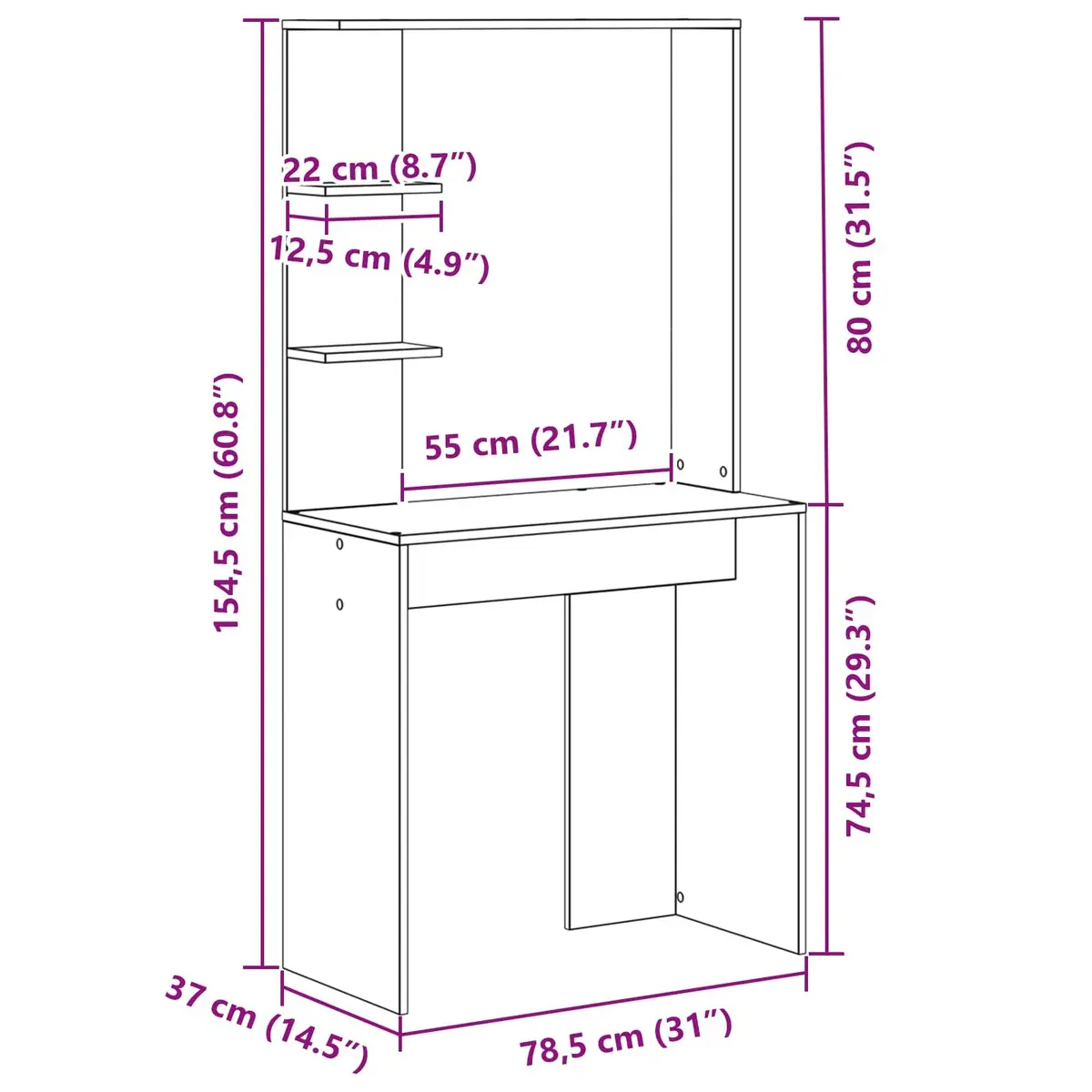 White Writing Desk with Shelves Storage 78.5 x 37 x 154.5 cm