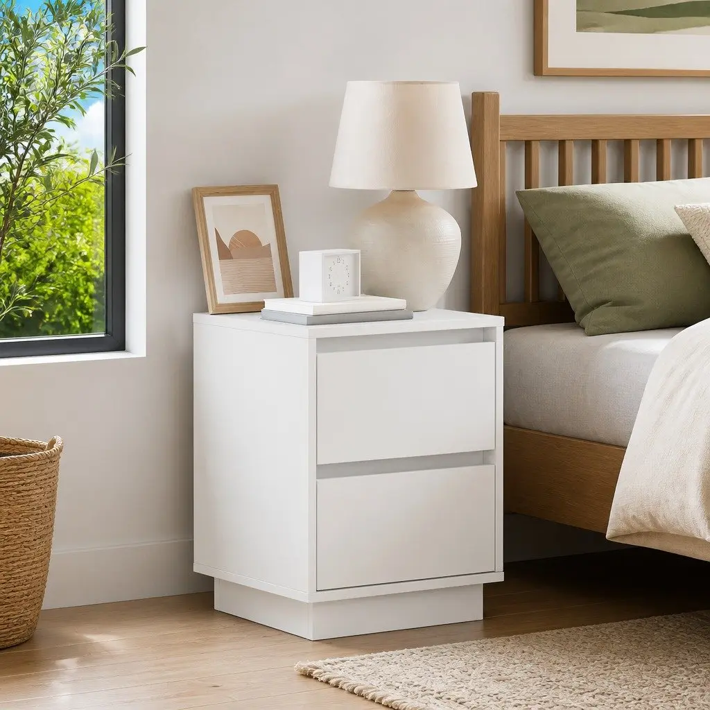 Bedside Cabinet 2 pcs White Compact Nightstand with USB-powered Multicoloured LED String Lights