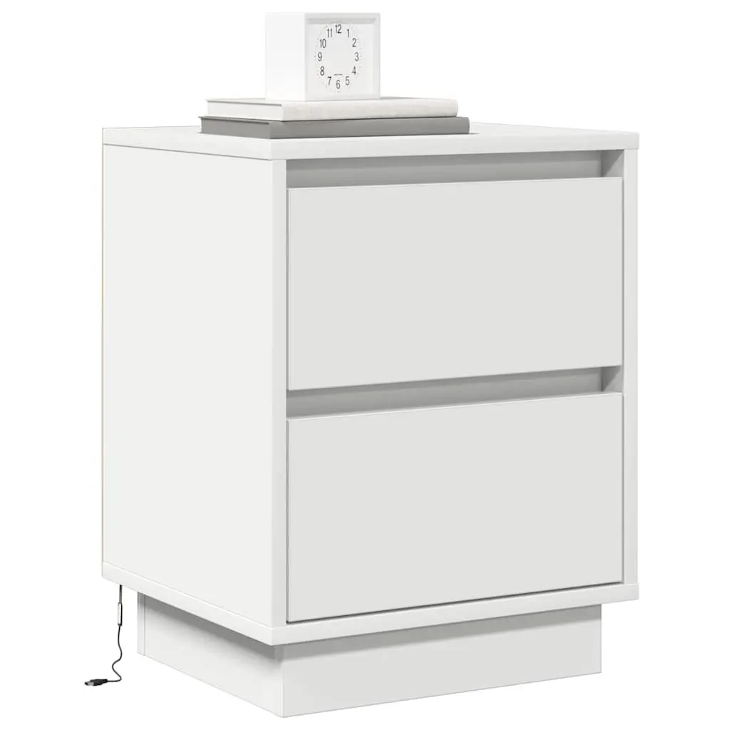 Bedside Cabinet 2 pcs White Compact Nightstand with USB-powered Multicoloured LED String Lights