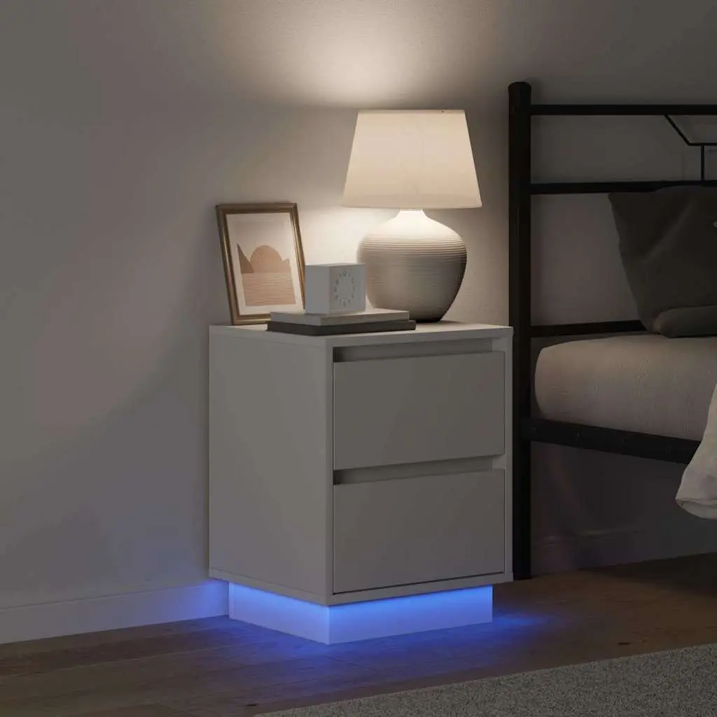 Bedside Cabinet 2 pcs White Compact Nightstand with USB-powered Multicoloured LED String Lights