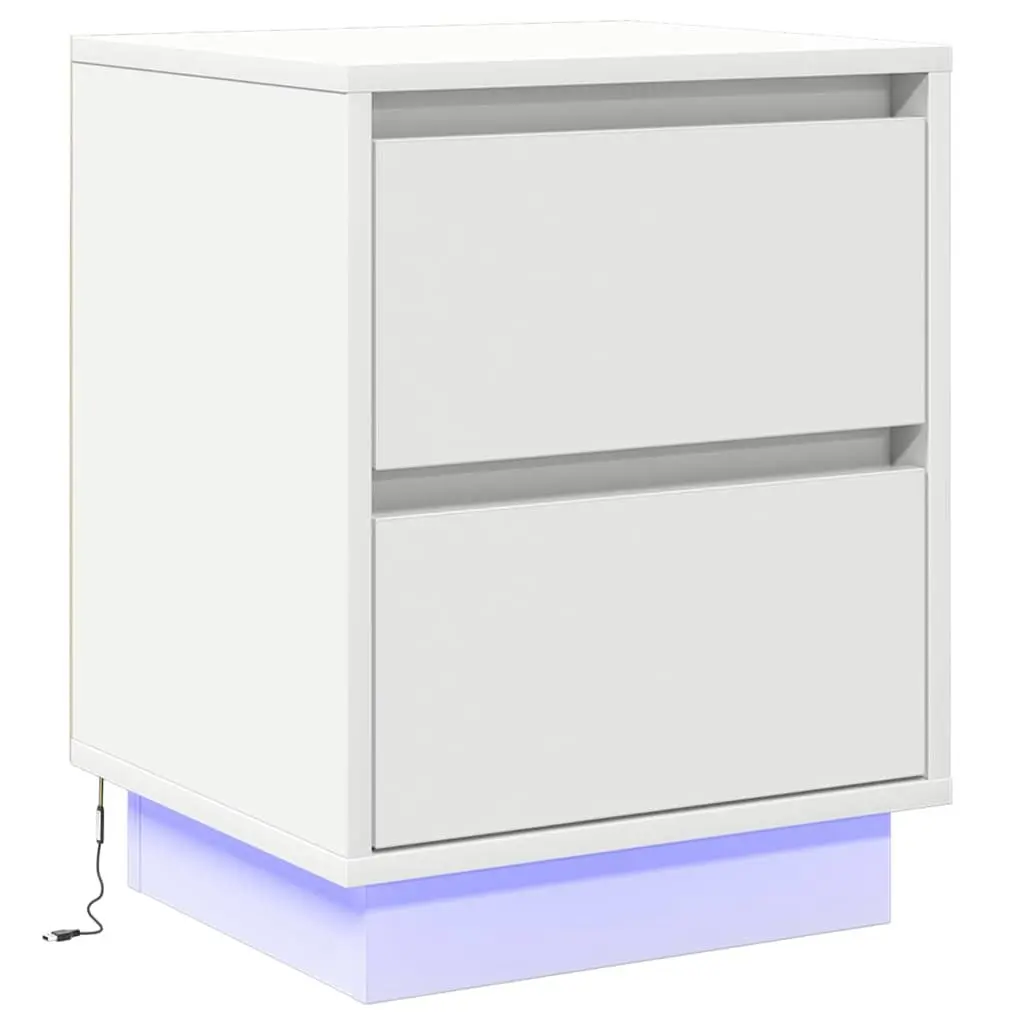 Bedside Cabinet 2 pcs White Compact Nightstand with USB-powered Multicoloured LED String Lights
