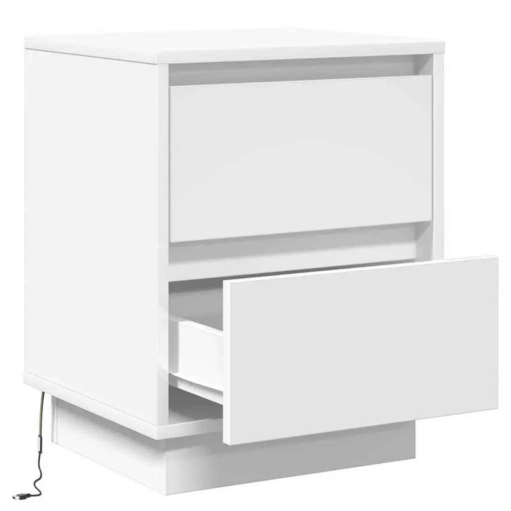 Bedside Cabinet 2 pcs White Compact Nightstand with USB-powered Multicoloured LED String Lights