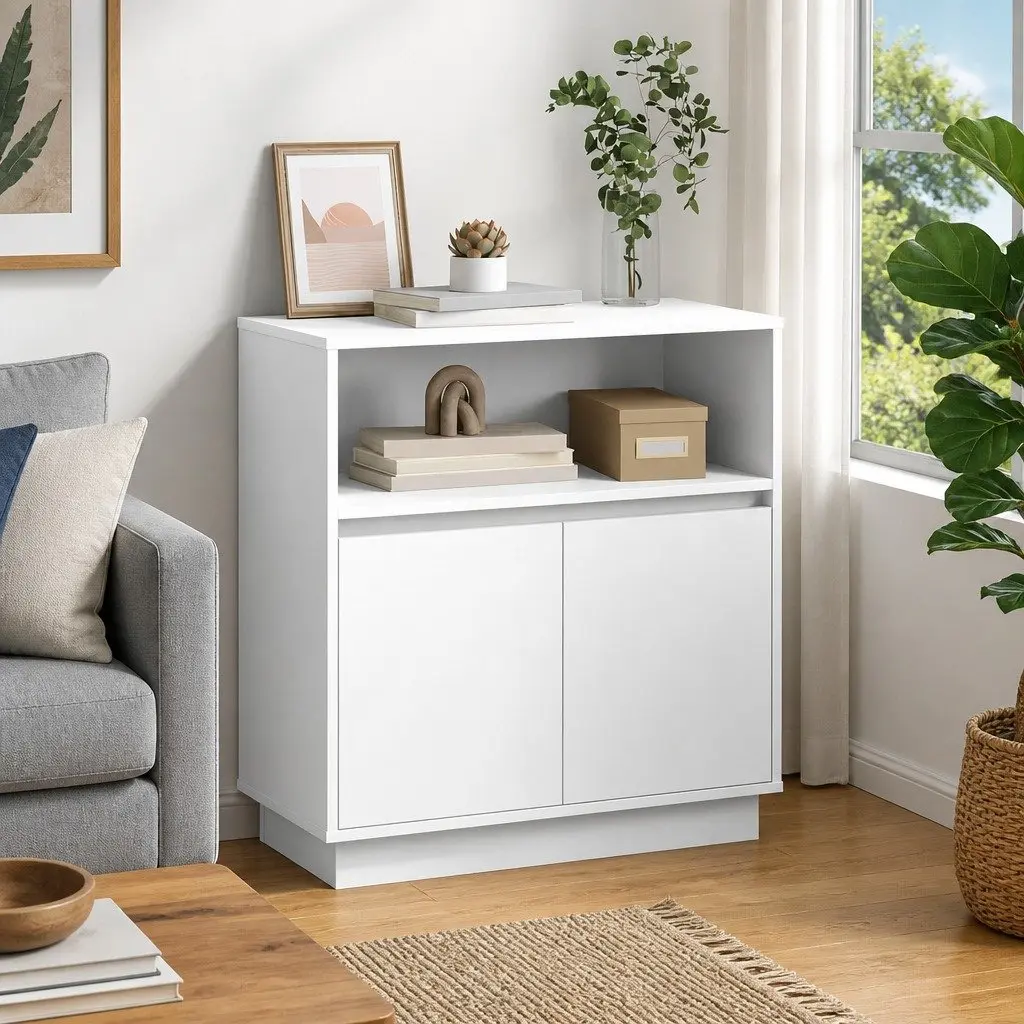 LED Sideboard White Modern Storage Cabinet Engineered Wood Hinged Doors 71 x 34.5 x 75 cm