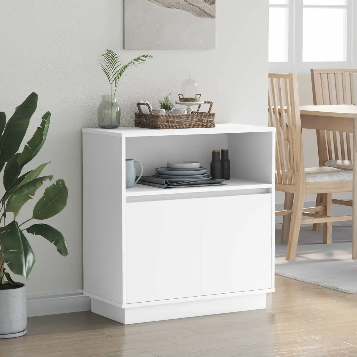 LED Sideboard White Modern Storage Cabinet Engineered Wood Hinged Doors 71 x 34.5 x 75 cm