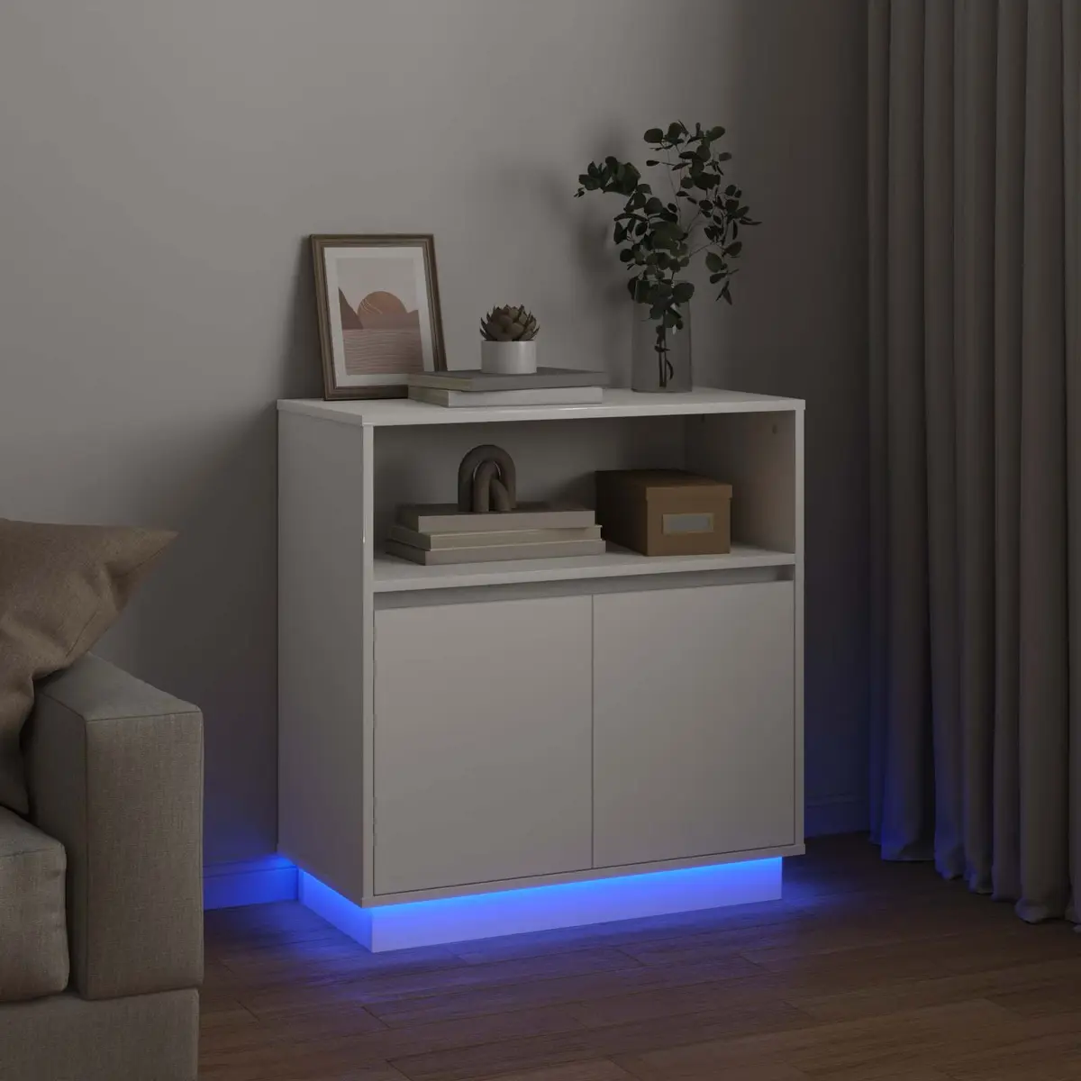 LED Sideboard White Modern Storage Cabinet Engineered Wood Hinged Doors 71 x 34.5 x 75 cm