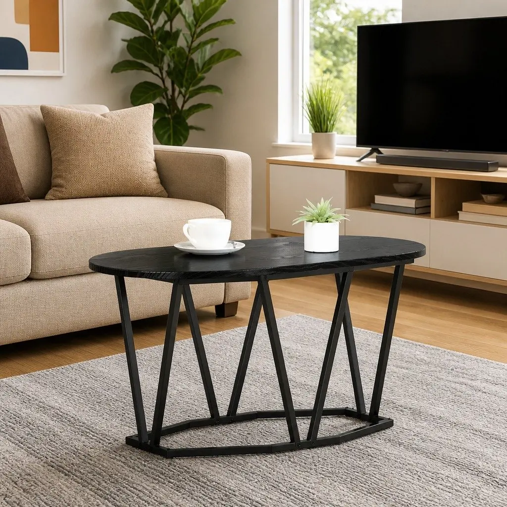 Oval Coffee Table Industrial Modern Black Oak 80x40x40.5cm