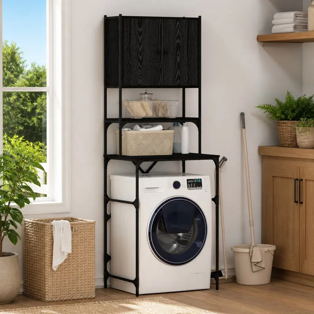 Washing Machine Cabinet Storage Unit Laundry Organizer Black Oak 68x48.5x194cm