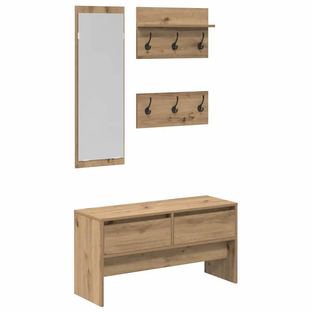 Hallway Furniture Set Modern Storage Bench Mirror Coat Racks Brown