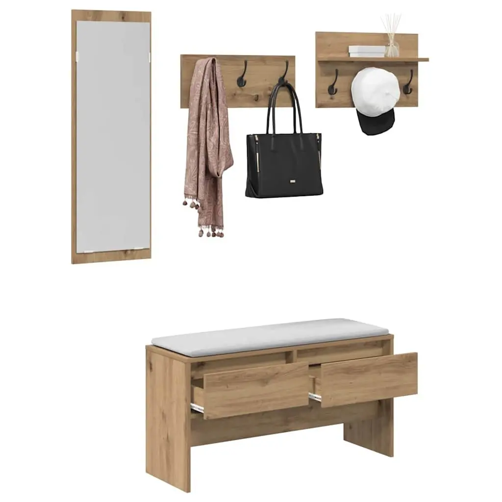 Hallway Furniture Set Modern Storage Bench Mirror Coat Racks Brown