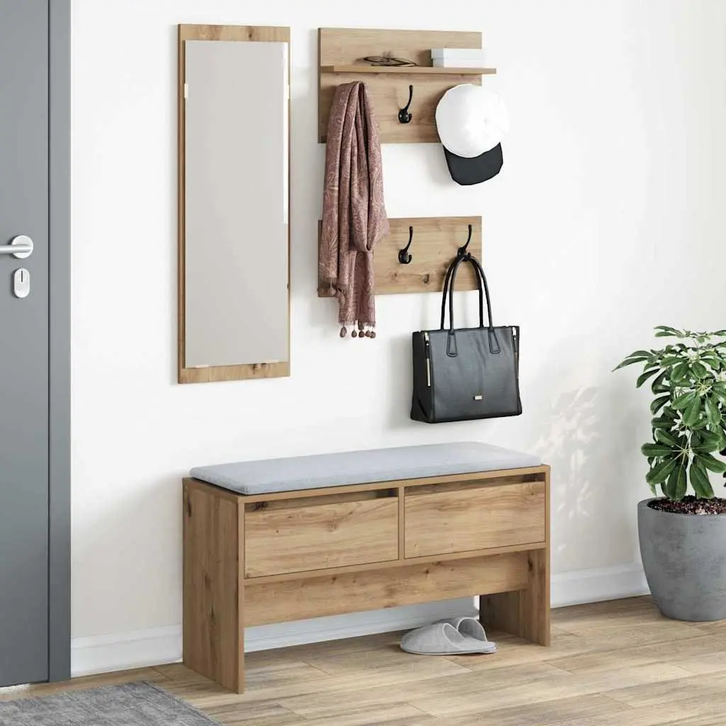 Hallway Furniture Set Modern Storage Bench Mirror Coat Racks Brown