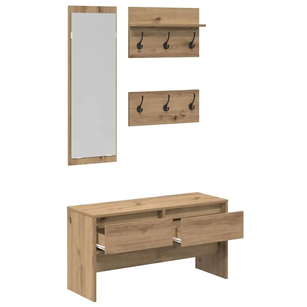 Hallway Furniture Set Modern Storage Bench Mirror Coat Racks Brown