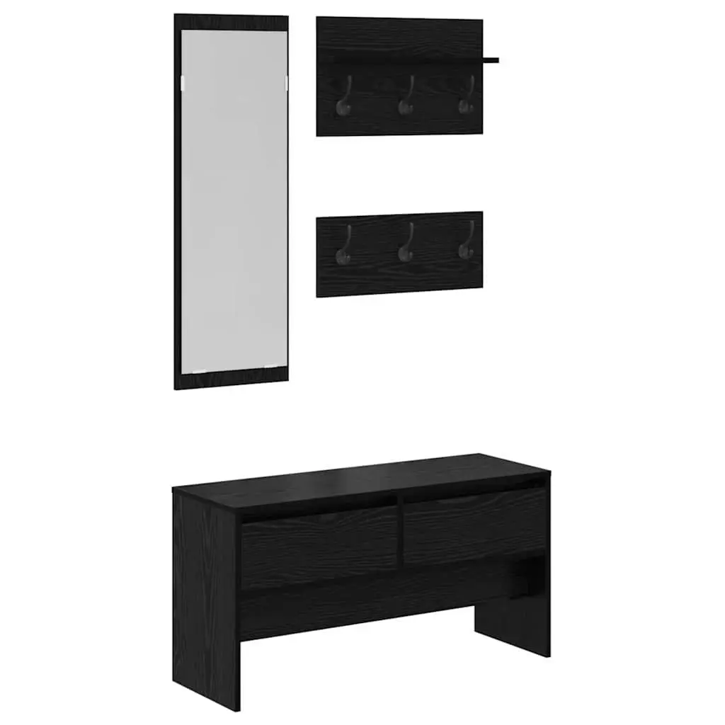 Hallway Furniture Set Modern Storage Bench Mirror Coat Racks 4 Piece Black Oak Entryway
