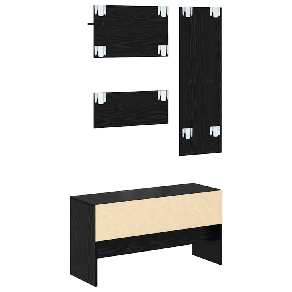 Hallway Furniture Set Modern Storage Bench Mirror Coat Racks 4 Piece Black Oak Entryway