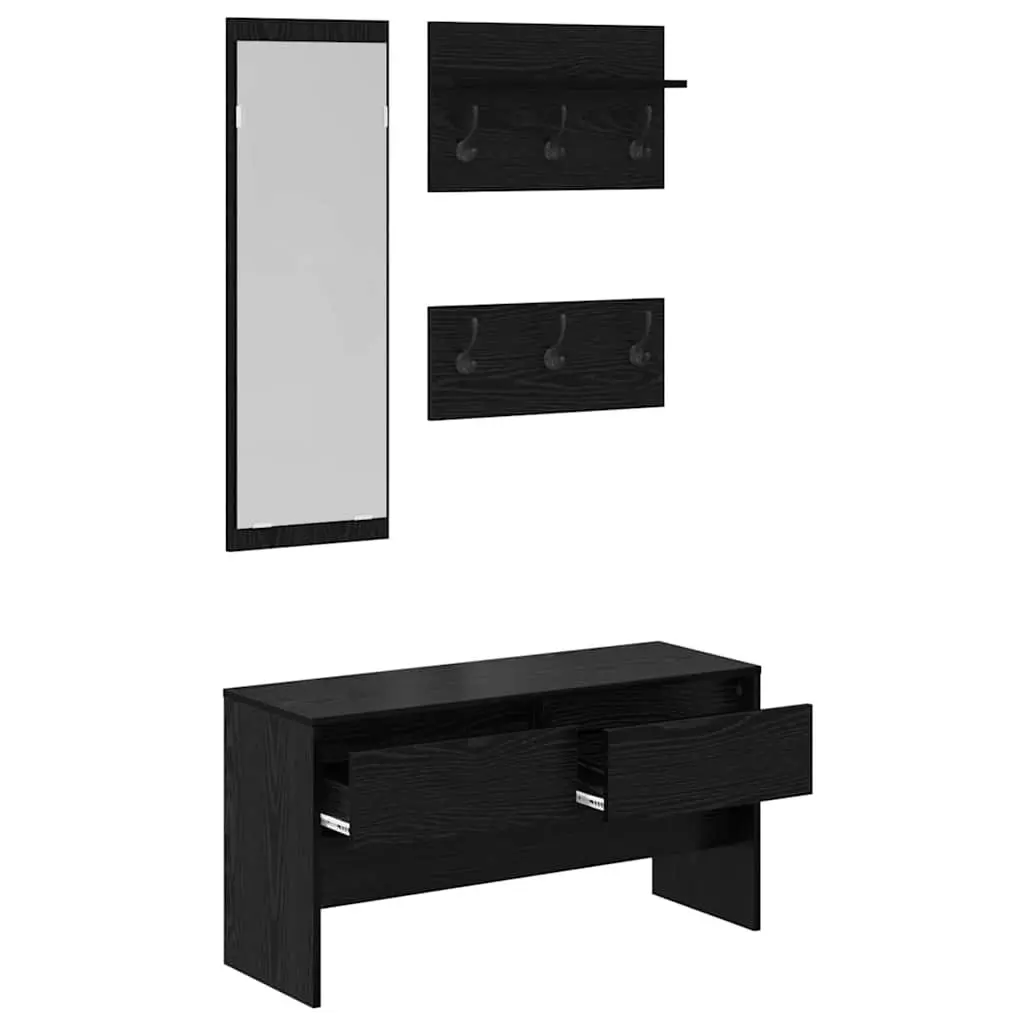 Hallway Furniture Set Modern Storage Bench Mirror Coat Racks 4 Piece Black Oak Entryway
