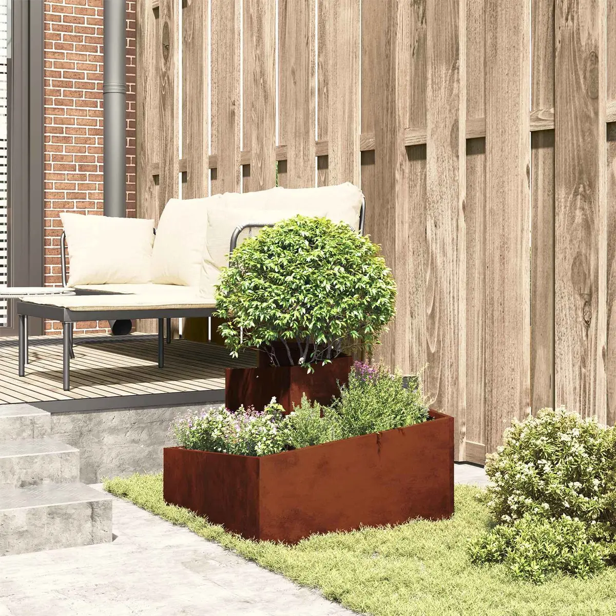 Garden Planter Raised Bed Outdoor Metal Weathering Steel 60x60x50cm Brown Modern