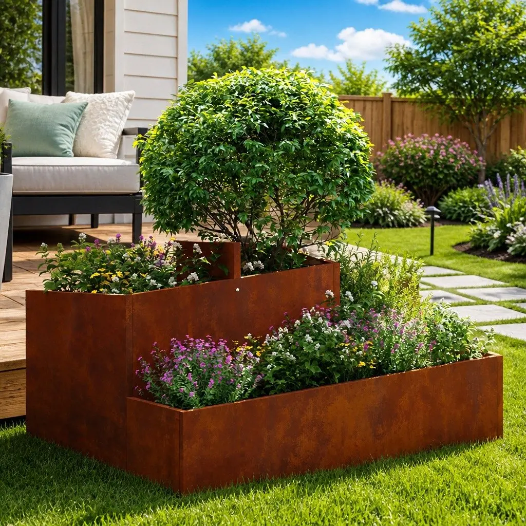 Metal Garden Planter Modern Square Weathering Steel 80 x 80 x 50 cm