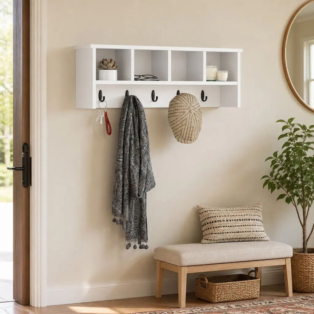 Wall-Mounted Coat Rack in White Wood
