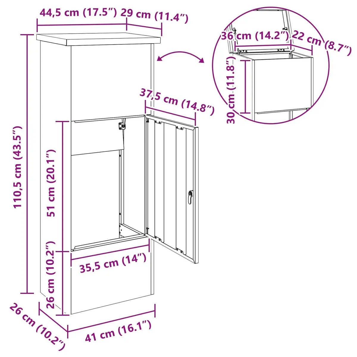 Parcel Drop Box Black Steel Outdoor Storage Hinged Doors 44.5 x 29 x 110.5 cm