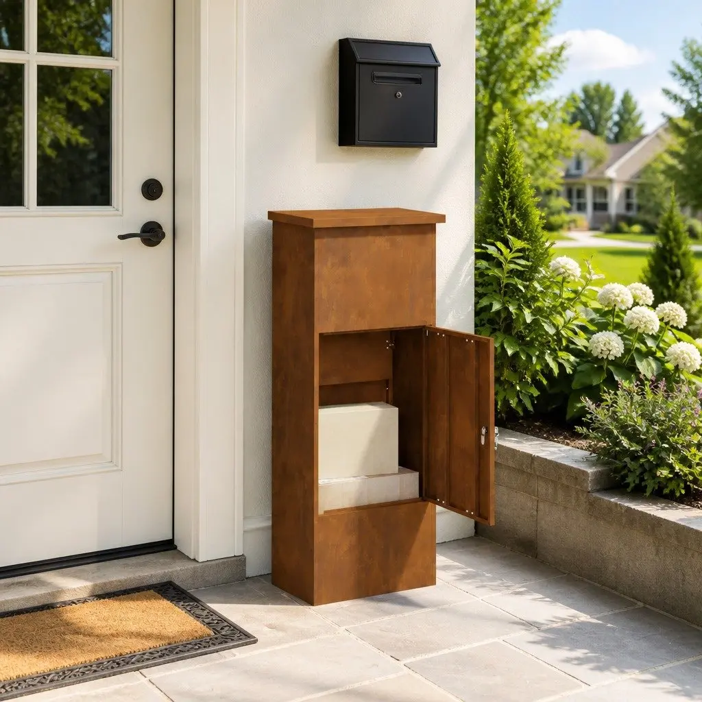 Parcel Drop Box Outdoor Steel Weathering Brown 44.5 x 29 x 110.5 cm