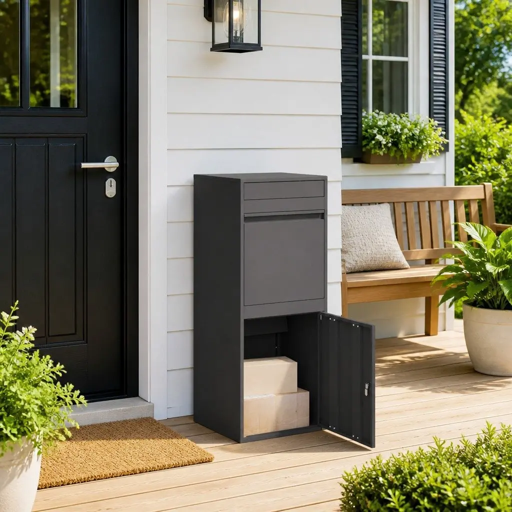 Parcel Drop Box with Storage Hinge Door Deadbolt Lock Black Steel Outdoor