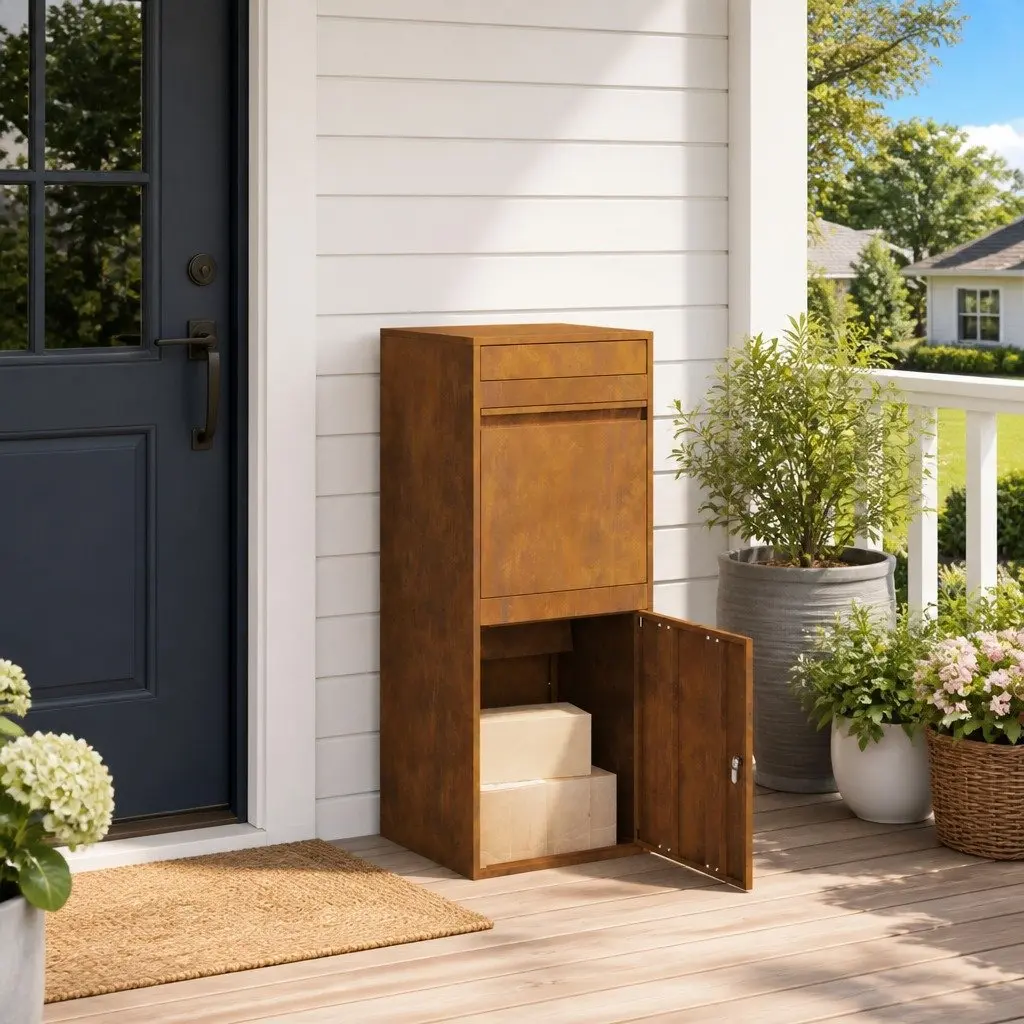 Outdoor Parcel Drop Box Brown Weathering Steel Secure 47.5 x 38 x 59 cm