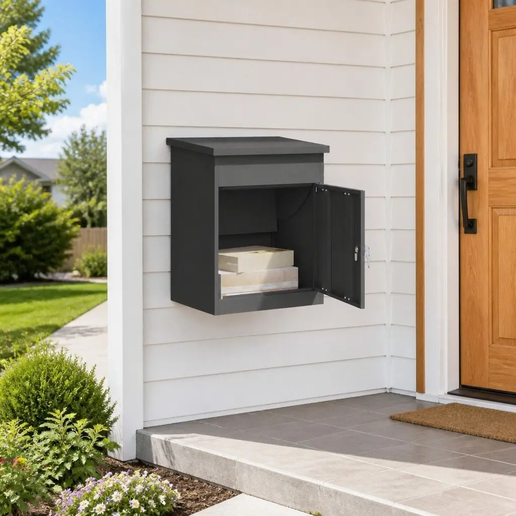 Parcel Drop Box with Secure Deadbolt Lock Black 47.5 x 38 x 59 cm Steel Outdoor Mailbox